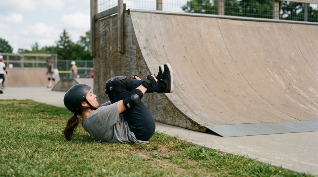 Skateboarder practicing safe tuck-and-roll fall technique on grass.