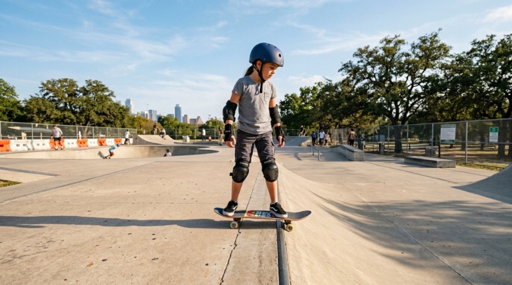 Beginner skateboarder with safety gear preparing to drop into a ramp in Texas.
