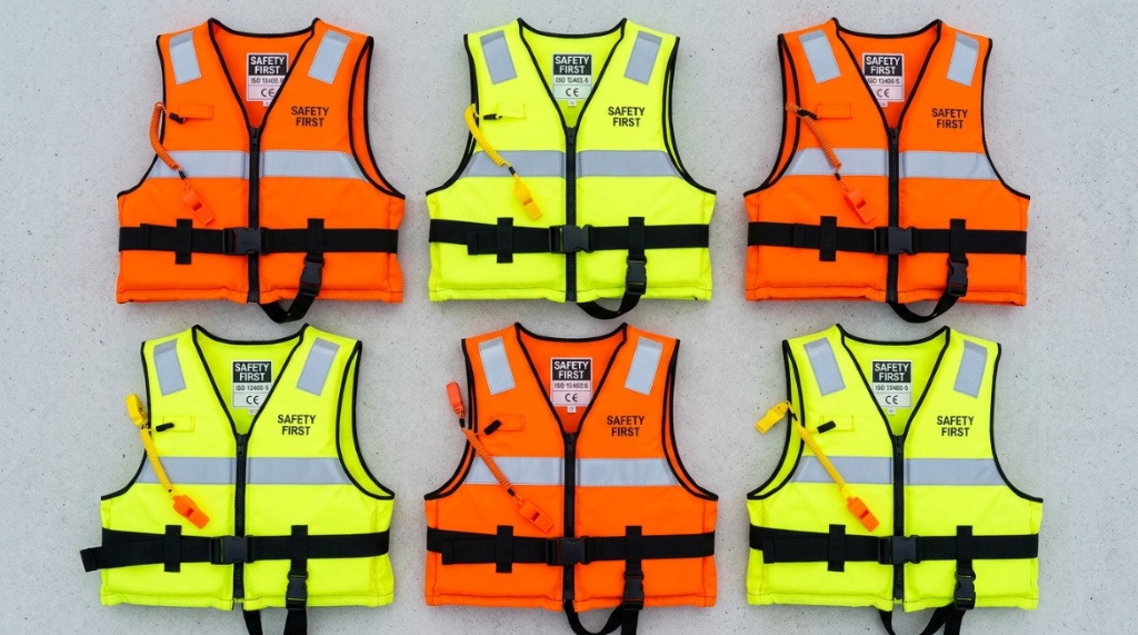 A row of high visibility life jackets with reflective safety strips.