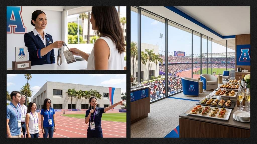 LA Memorial Coliseum exterior with LA28 Olympics branding and crowds arriving