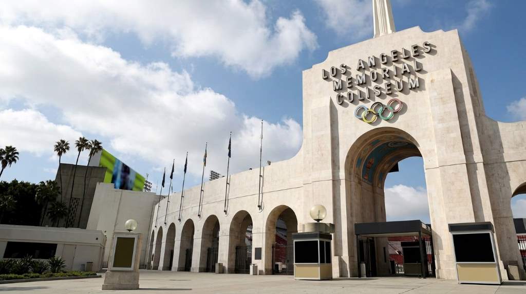 LA28 Olympic Games official logo over the Los Angeles skyline
