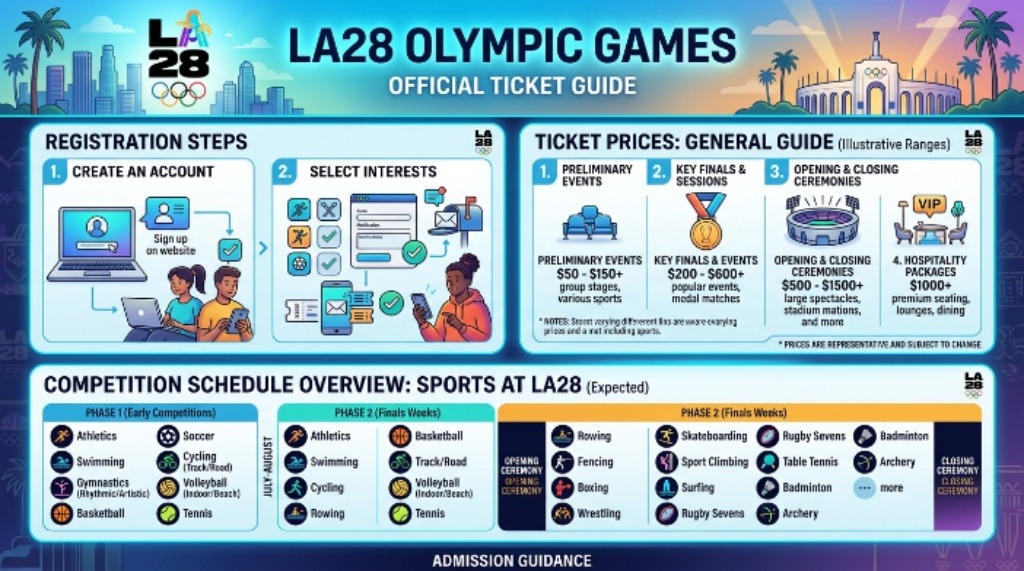 LA28 Olympic Games ticket guide showing registration steps, ticket prices, and competition schedule overview