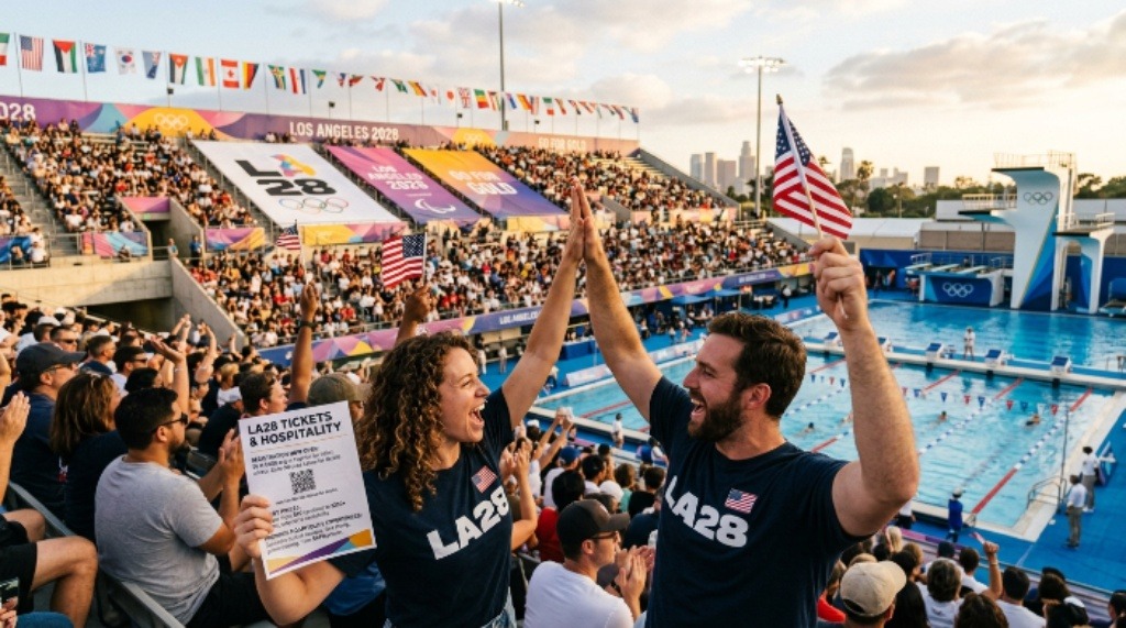 Fans cheering at an LA28 Olympic venue with details about ticket registration, prices, and hospitality experiences