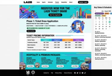 LA28 Olympics tickets registration page showing ticket draw, pricing, schedule, and hospitality package information