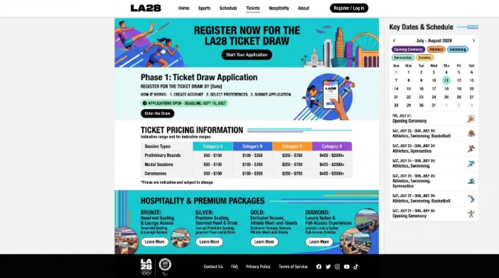 LA28 Olympics tickets registration page showing ticket draw, pricing, schedule, and hospitality package information