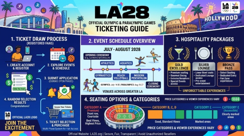 Official LA28 Olympics ticketing guide featuring ticket draw process, event schedule, hospitality packages, and seating options