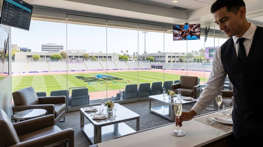 LA28 Olympics hospitality lounge with premium seating overlooking a competition venue