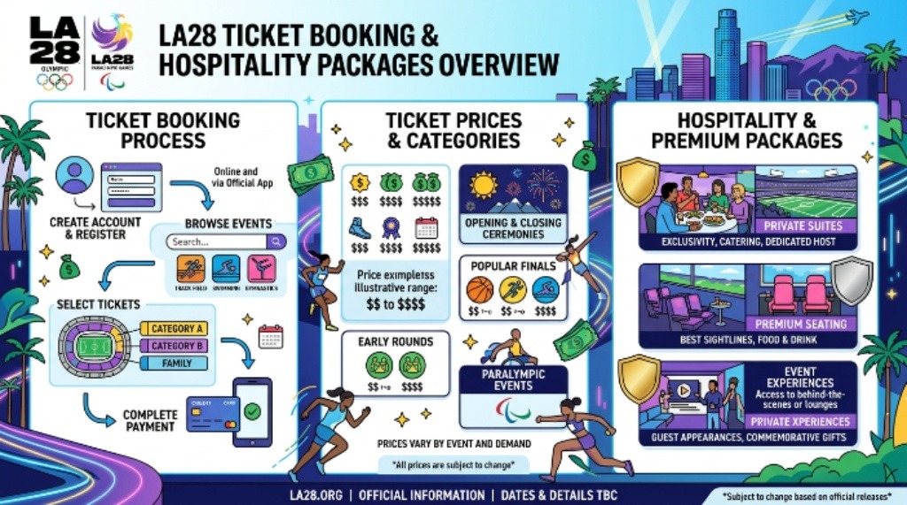 Official-style illustration of LA28 ticket booking, prices, and hospitality packages overview
