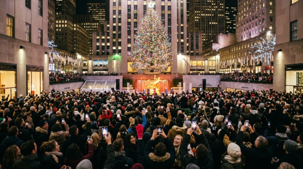 Crowds gathered for the Rockefeller Center tree lighting ceremony