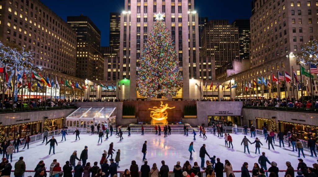 Rockefeller Center Christmas tree lit up at night above the ice rink