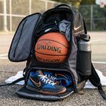 Open basketball backpack packed with gear and sneakers.