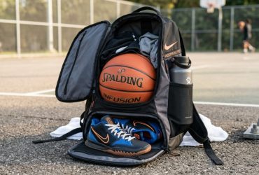 Open basketball backpack packed with gear and sneakers.
