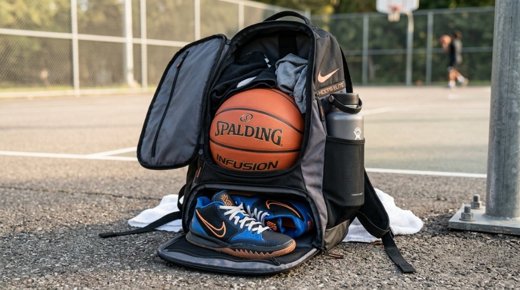 Open basketball backpack packed with gear and sneakers.