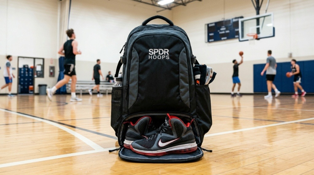 Open basketball backpack packed with gear and sneakers.