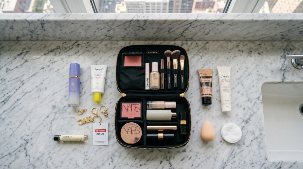 Organizing cosmetics inside a compact travel makeup bag.