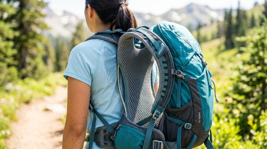 Woman adjusting a ventilated camping backpack on a sunny Florida trail.