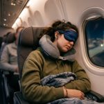 Tired traveler resting comfortably with a budget neck pillow on an airplane.