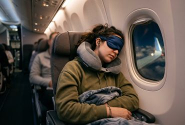 Tired traveler resting comfortably with a budget neck pillow on an airplane.