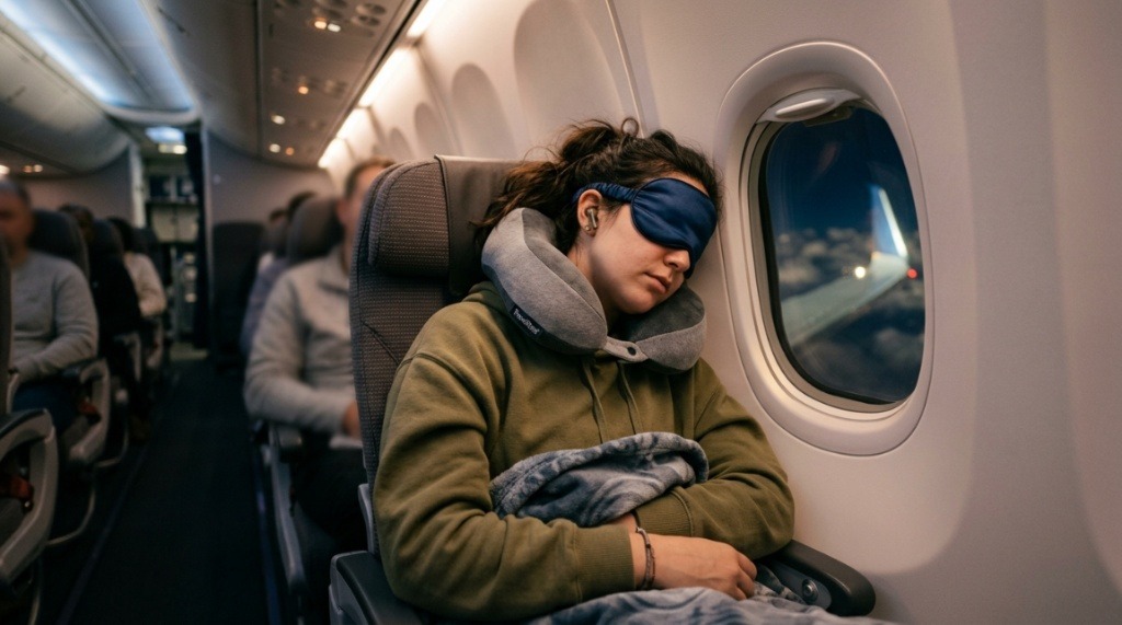 Tired traveler resting comfortably with a budget neck pillow on an airplane.