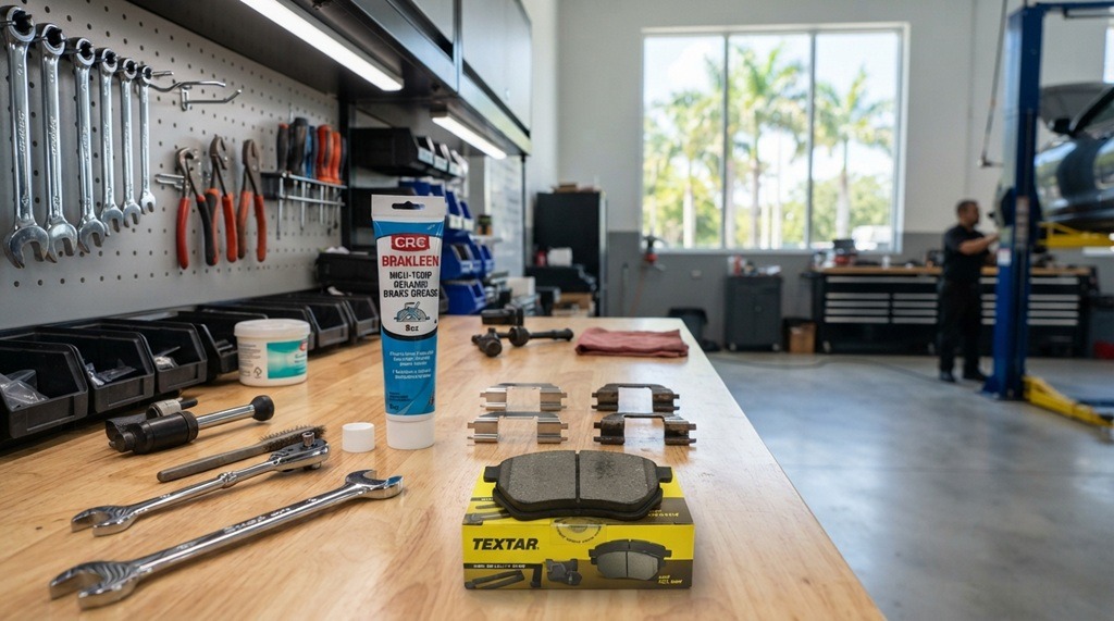 Tube of ceramic grease next to clean metal brake pad clips on a workbench.