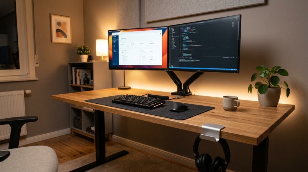 Hands attaching a clamp-on headphone stand to a desk edge.