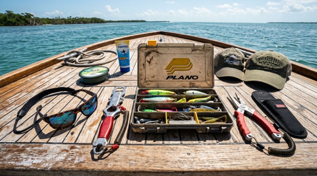 Angler tying a fishing leader knot on a flats boat.
