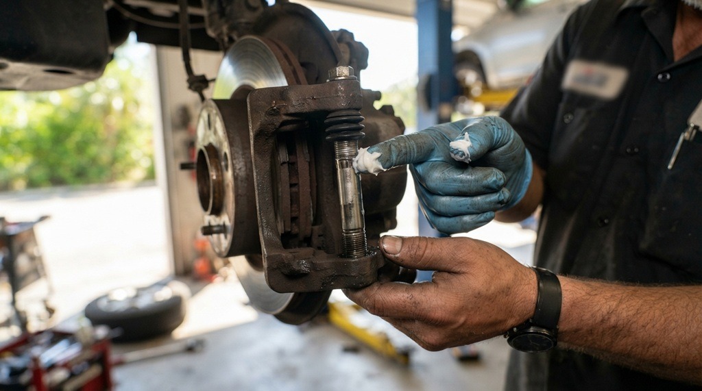 Male mechanic applying ceramic grease to automotive brake components in a bright garage.