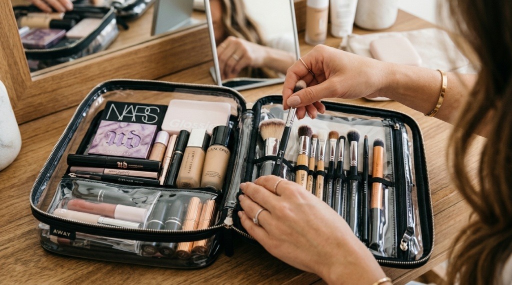 Stylish travel makeup bag organizer on a NYC hotel vanity.