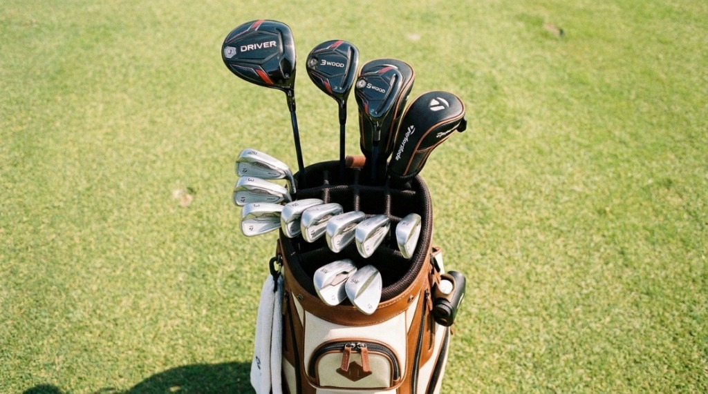 Golf clubs neatly arranged in individual dividers of a 14-way cart bag.