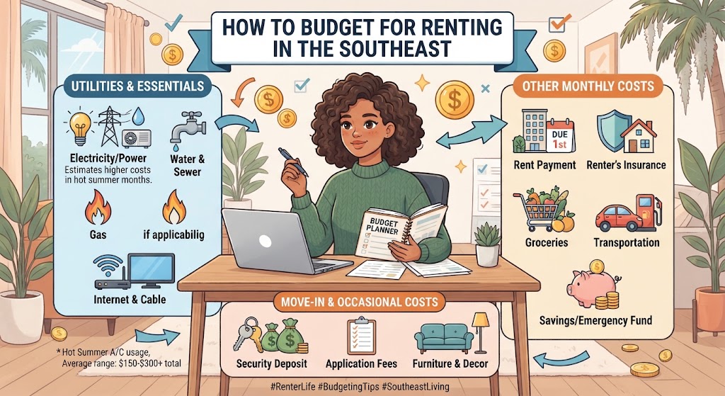 Southeast renter using a monthly budget plan to track rent, utilities, maintenance costs, insurance, and other housing expenses