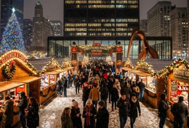 Wooden market stalls decorated with holiday lights at Christkindlmarket Chicago Daley Plaza in winter 2026
