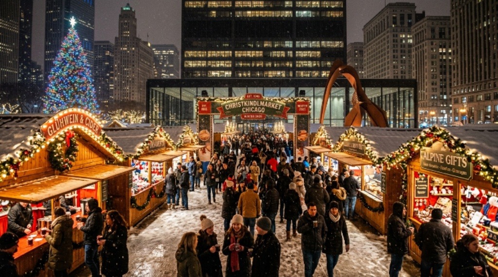 Wooden market stalls decorated with holiday lights at Christkindlmarket Chicago Daley Plaza in winter 2026