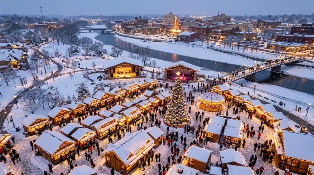 Aerial view of Christkindlmarket Aurora at RiverEdge Park with snow and festive decorations