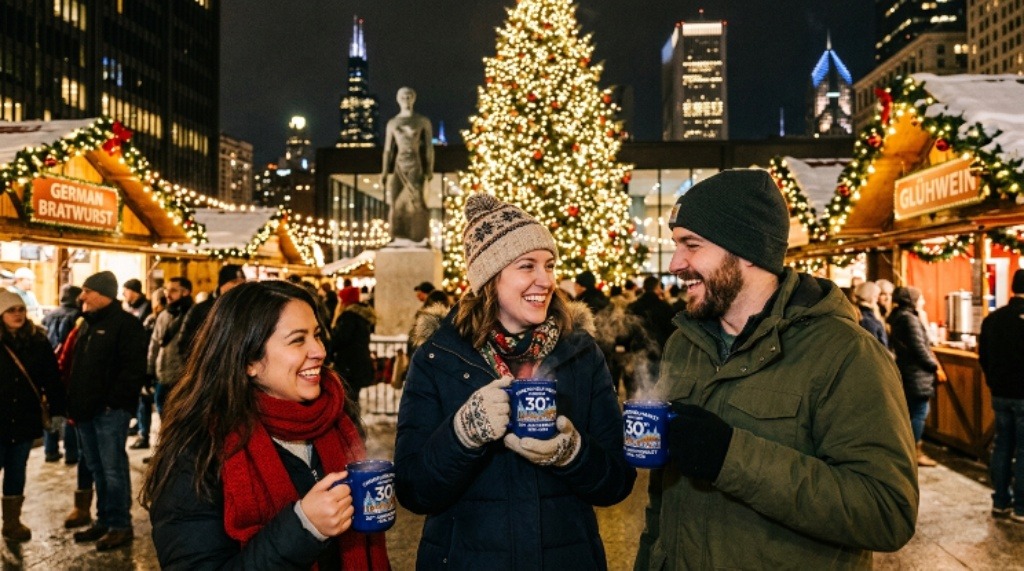 Visitors holding warm glühwein mugs at the Christkindlmarket Chicago 30th anniversary celebration