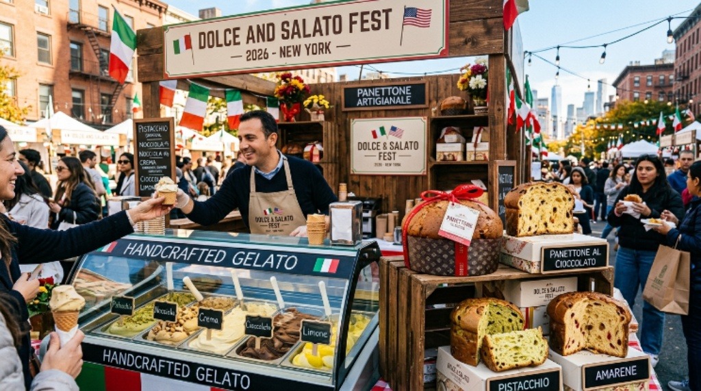 Handcrafted gelato and panettone displayed at the Dolce and Salato Fest 2026 Italian food festival in New York