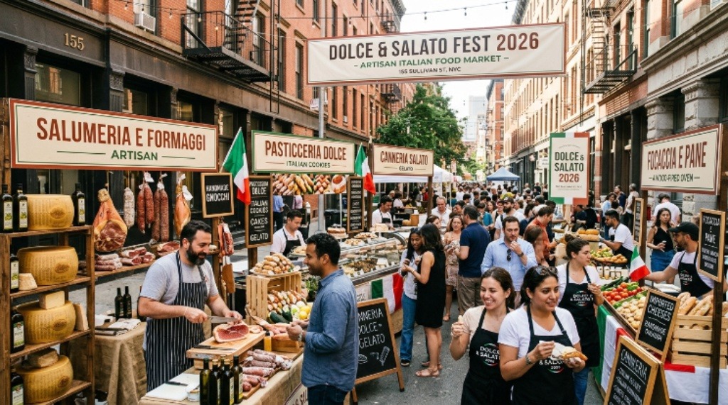 Italian food vendors and exhibitors showcasing artisan products at the Dolce and Salato Fest 2026 event at 155 Sullivan Street