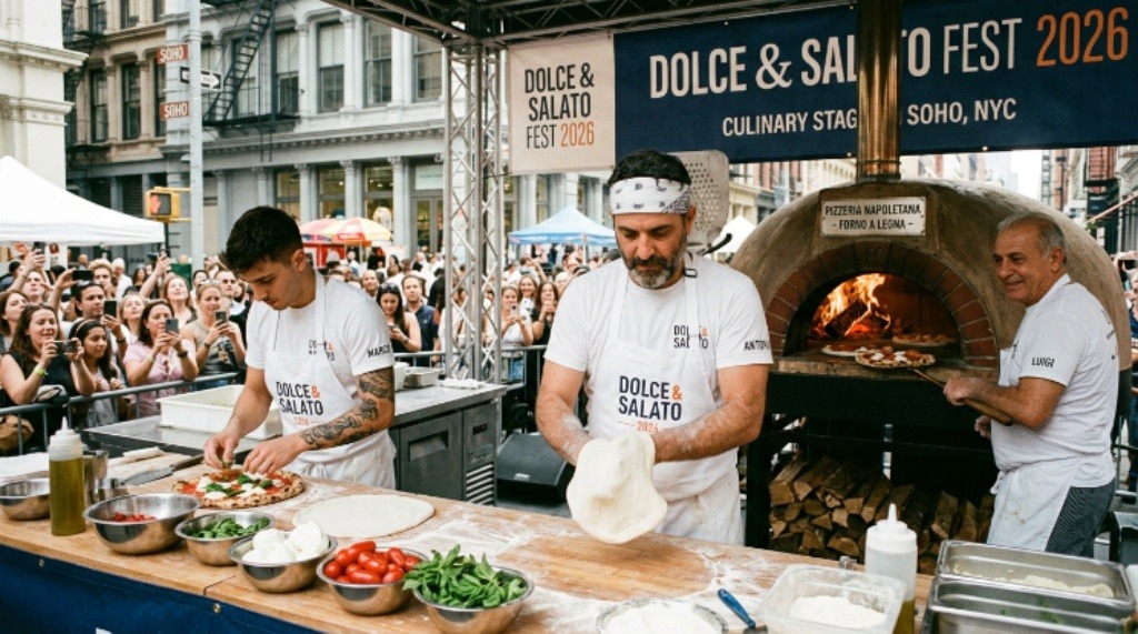 Chefs preparing authentic Neapolitan pizza at the Dolce and Salato Fest 2026 culinary stage in SoHo, New York City