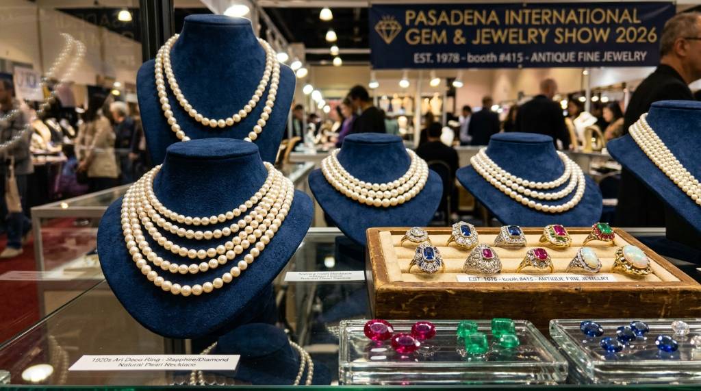 Close-up of pearl necklaces, vintage rings, and precious gemstones displayed at the Pasadena International Gem and Jewelry Show 2026