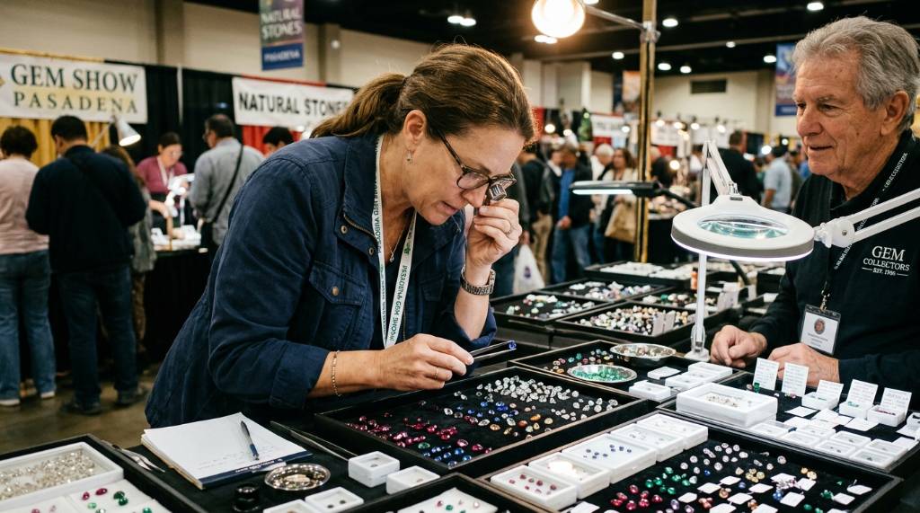 A shopper examining loose diamonds and colored gemstones at a vendor table at the Pasadena gem show