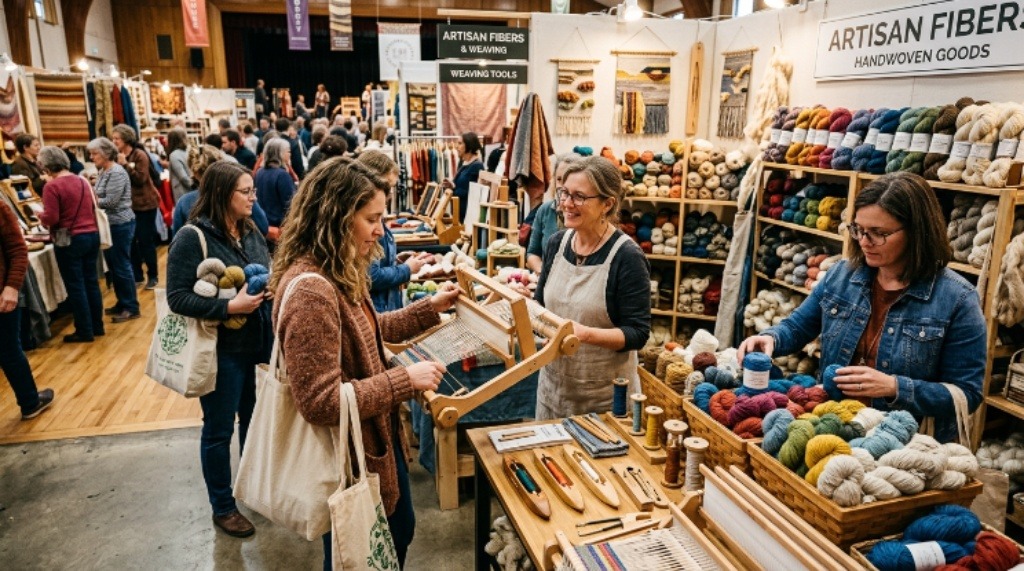 Shoppers browsing weaving tools and natural fiber products at an indoor craft fair
