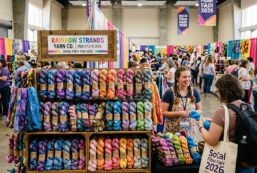 Colorful hand-dyed yarn skeins displayed at the SoCal Fiber Fair 2026 vendor booths