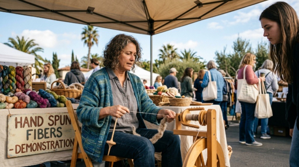 A fiber artist demonstrating spinning techniques at a Southern California fiber arts fair