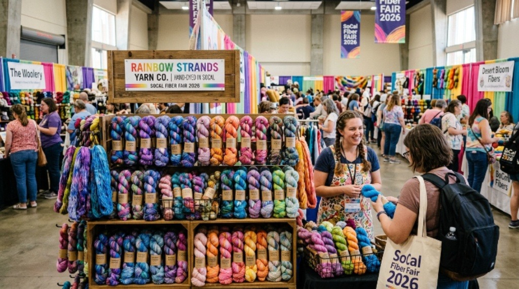 Colorful hand-dyed yarn skeins displayed at the SoCal Fiber Fair 2026 vendor booths