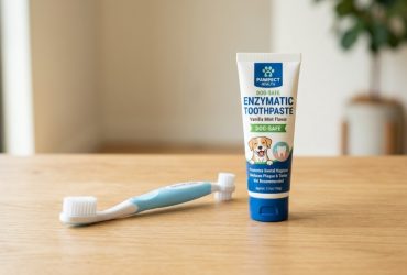 Dog toothbrush and tube of canine toothpaste on wooden table.