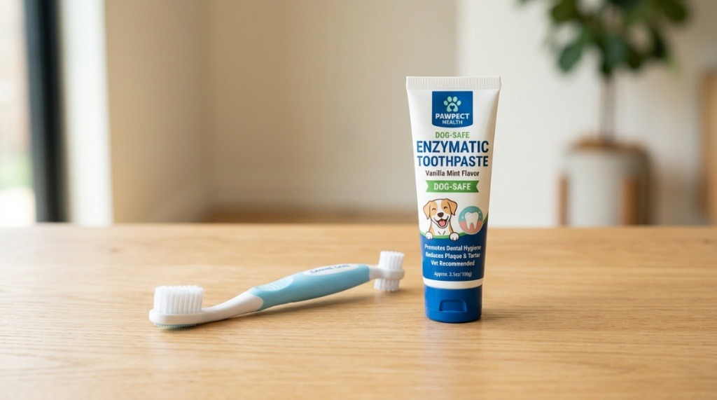 Dog toothbrush and tube of canine toothpaste on wooden table.