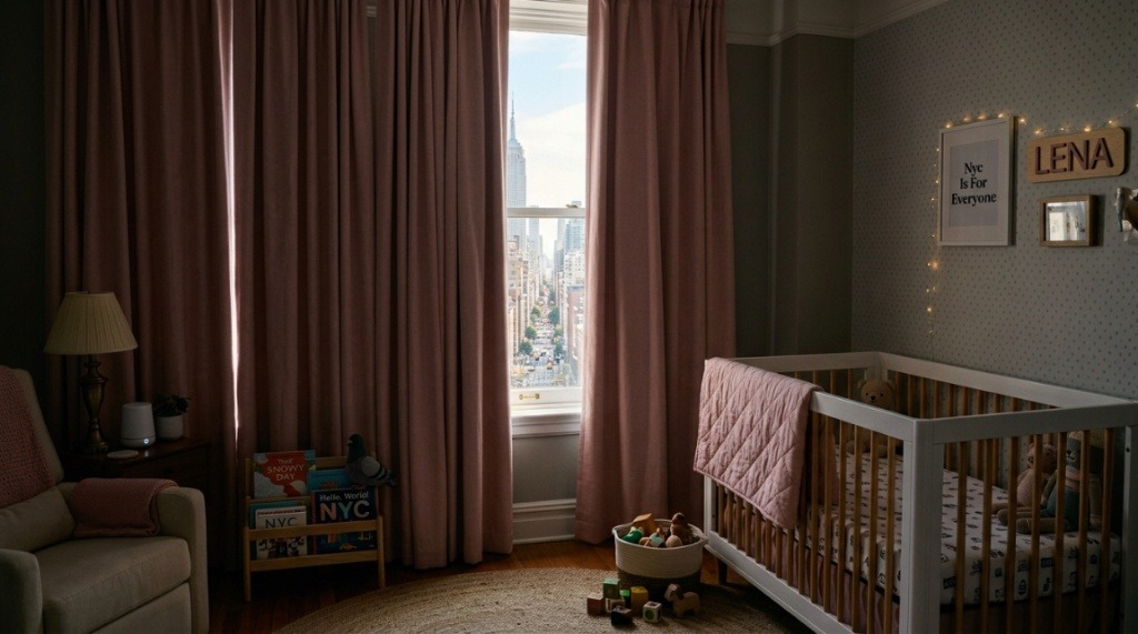 Pastel pink blackout curtains blocking bright NYC sunlight in a child’s room.