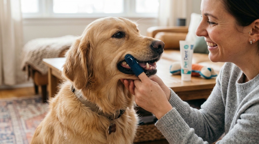Pet owner gently brushing a dog teeth with a finger brush.