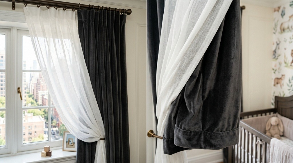 Heavy velvet blackout liner layered behind white curtains on a city apartment window.