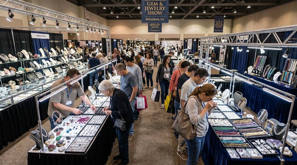 Visitors browsing gemstone and jewelry vendor booths at the International Gem and Jewelry Show in Pasadena, California
