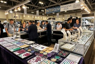 Colorful display of loose gemstones and fine jewelry at the InterGem Pasadena 2026 show inside the Pasadena Convention Center